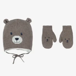 Brown Cotton Bear Hat & Mittens Set
