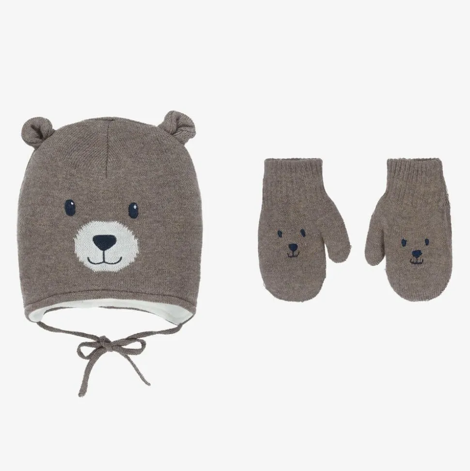 Brown Cotton Bear Hat & Mittens Set