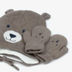 Brown Cotton Bear Hat & Mittens Set