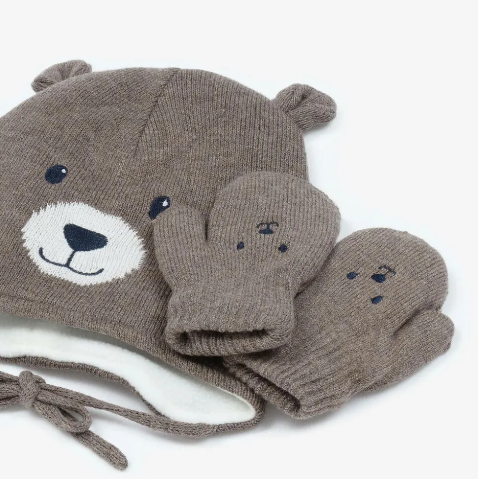 Brown Cotton Bear Hat & Mittens Set