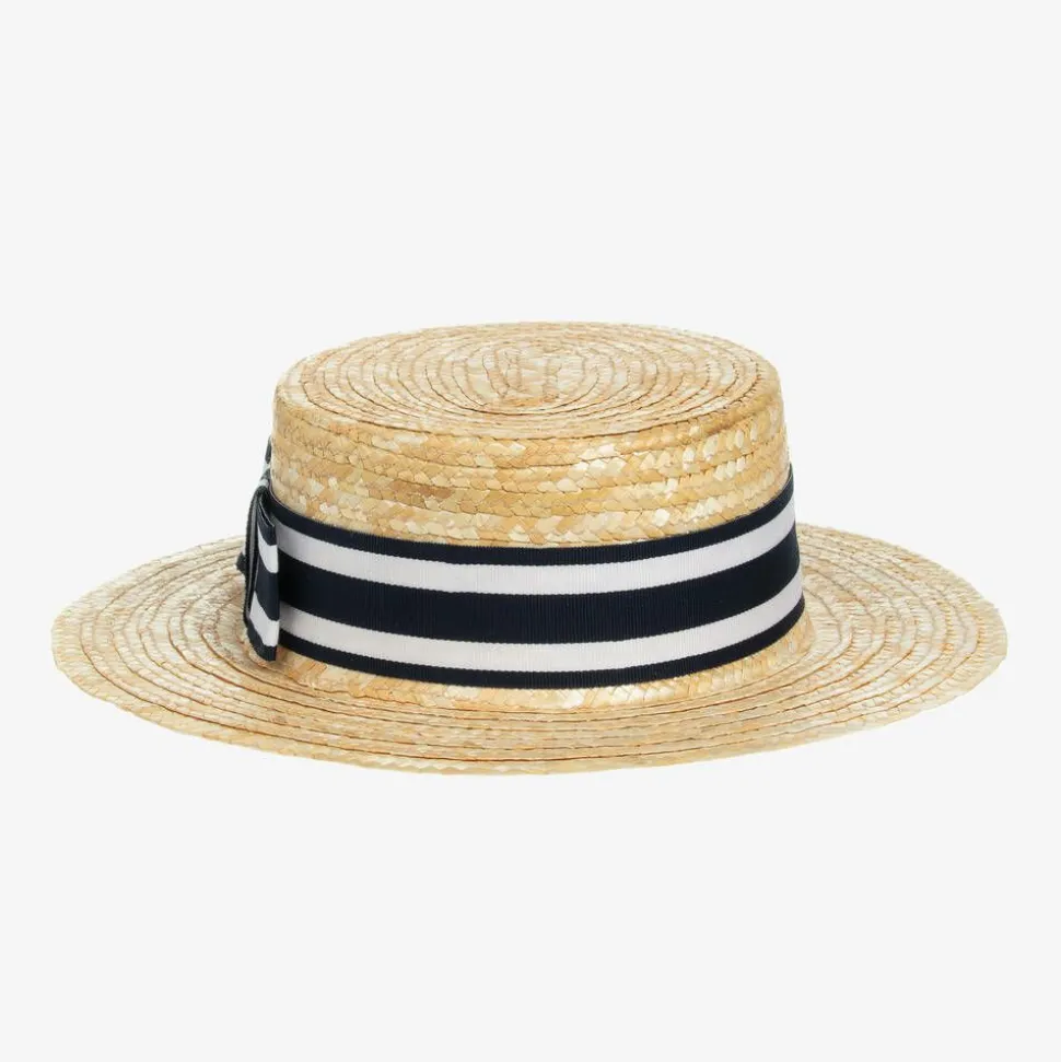 Girls Beige & Blue Straw Boater