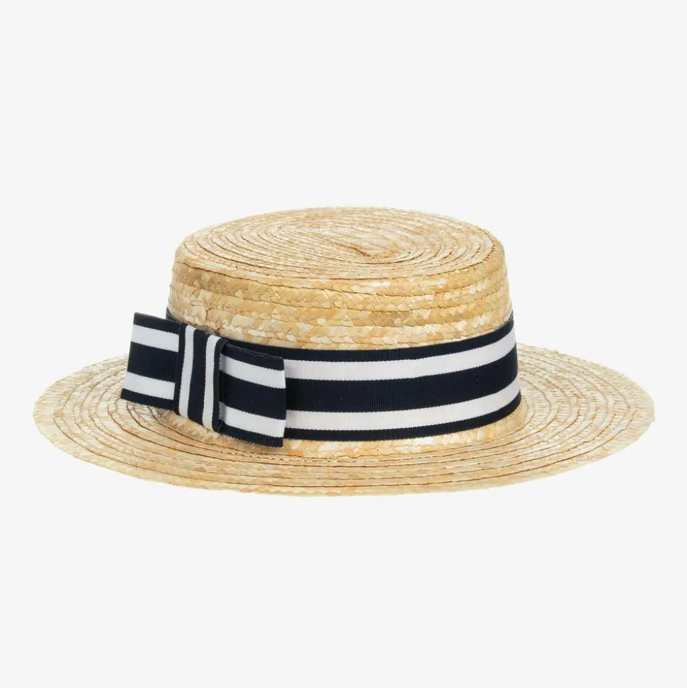 Girls Beige & Blue Straw Boater