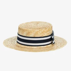 Girls Beige & Blue Straw Boater