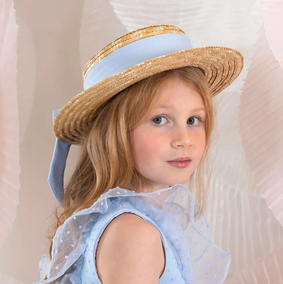 Girls Beige & Blue Straw Hat