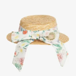 Girls Beige & Floral Trim Straw Hat