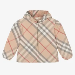 Girls Beige Check Hooded Jackets