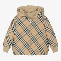 Girls Beige Check Reversible Down Jacket