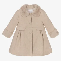 Girls Beige Cotton & Faux Fur Coat