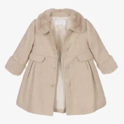 Girls Beige Cotton & Faux Fur Coat