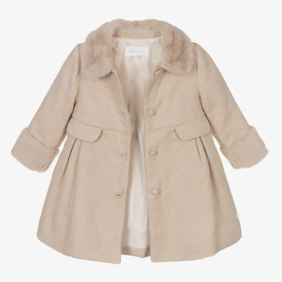 Girls Beige Cotton & Faux Fur Coat