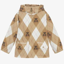 Girls Beige Cotton Argyle Hooded Jacket
