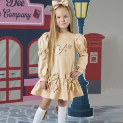 Girls Beige Cotton Bow Dress