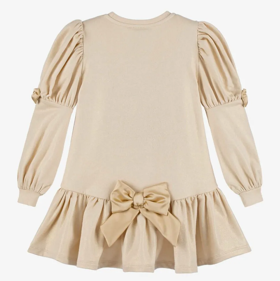 Girls Beige Cotton Bow Dress