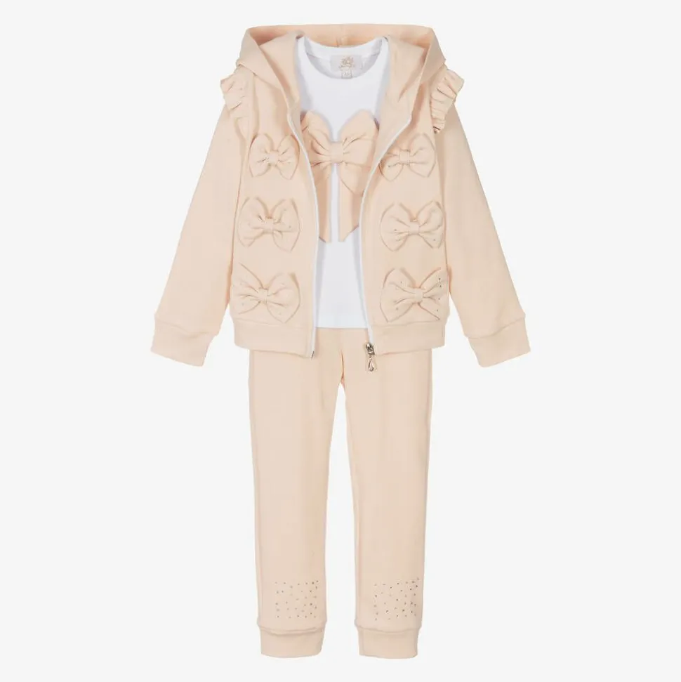 Girls Beige Cotton Bow Tracksuit Set