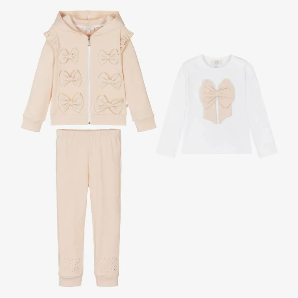 Girls Beige Cotton Bow Tracksuit Set