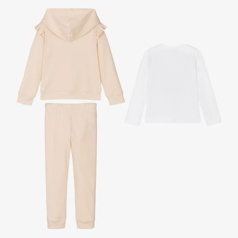 Girls Beige Cotton Bow Tracksuit Set
