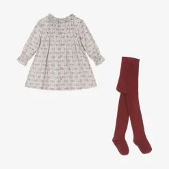 Girls Beige Cotton Dog Dress Set