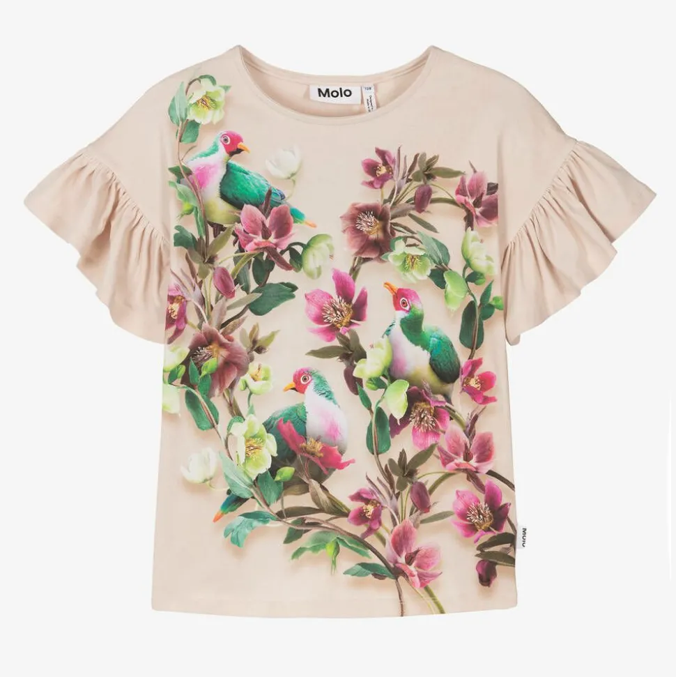 Girls Beige Cotton Floral Dove T-Shirt