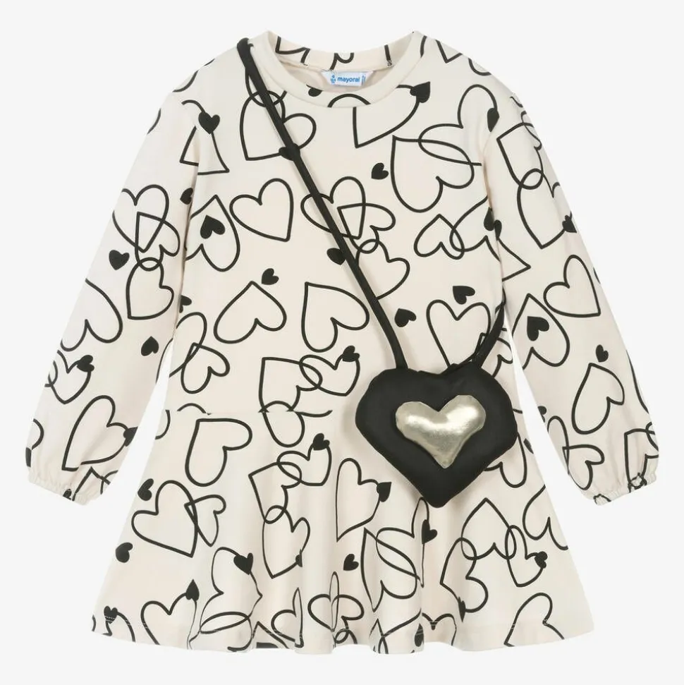 Girls Beige Cotton Heart Print Dress Set