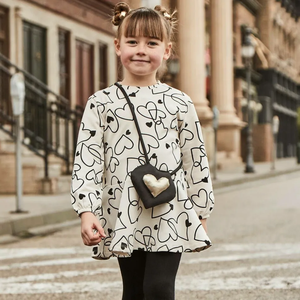 Girls Beige Cotton Heart Print Dress Set