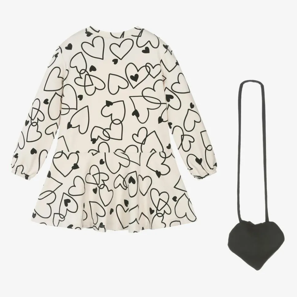 Girls Beige Cotton Heart Print Dress Set
