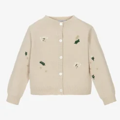 Girls Beige Embroidered Flowers Cardigan