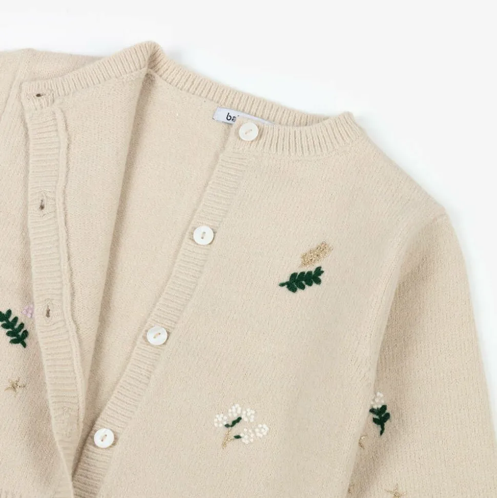 Girls Beige Embroidered Flowers Cardigan