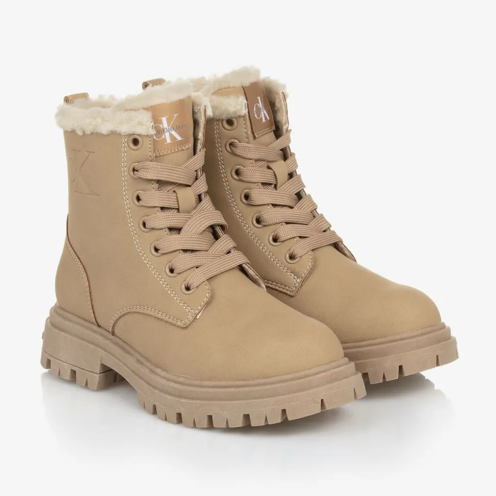 Girls Beige Faux Leather Boots