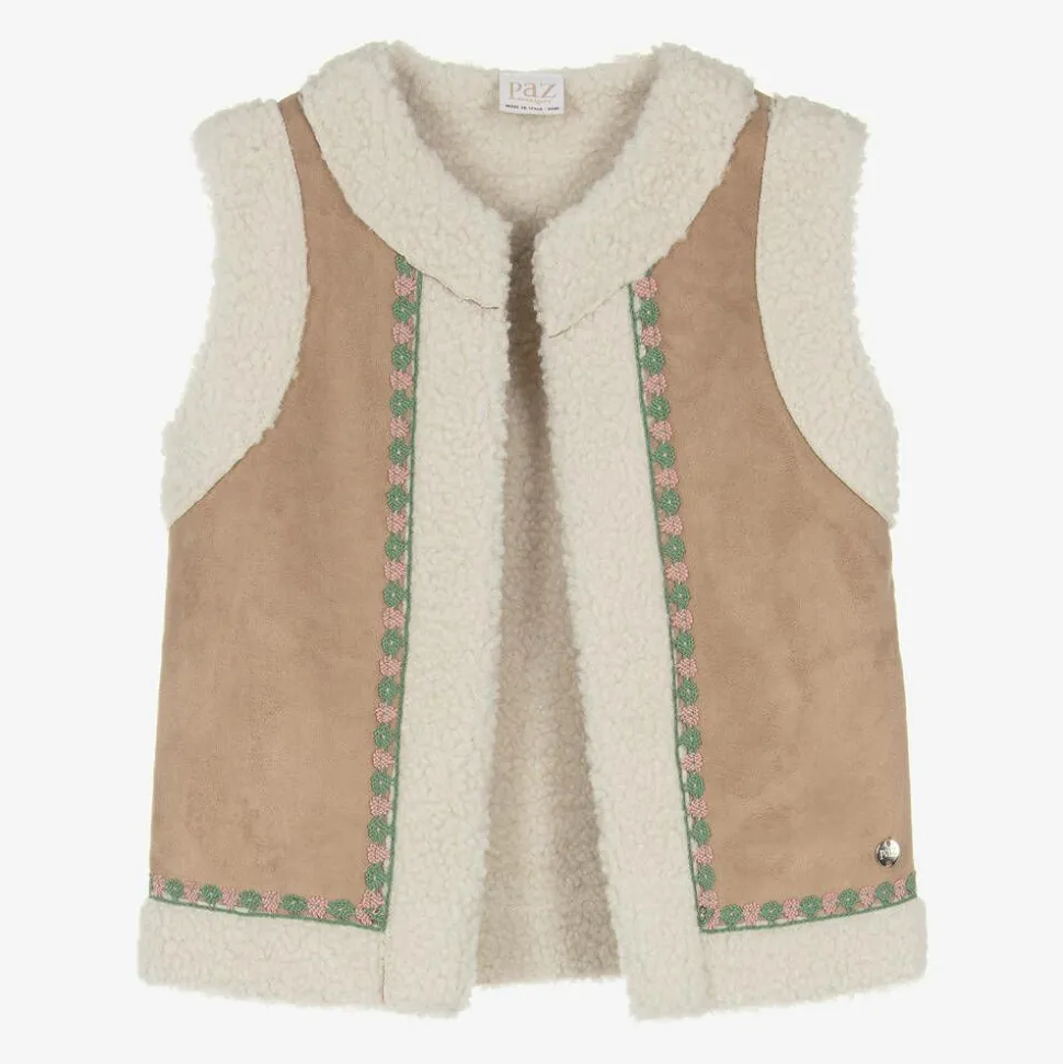 Girls Beige Faux Suede & Fleece Gilet