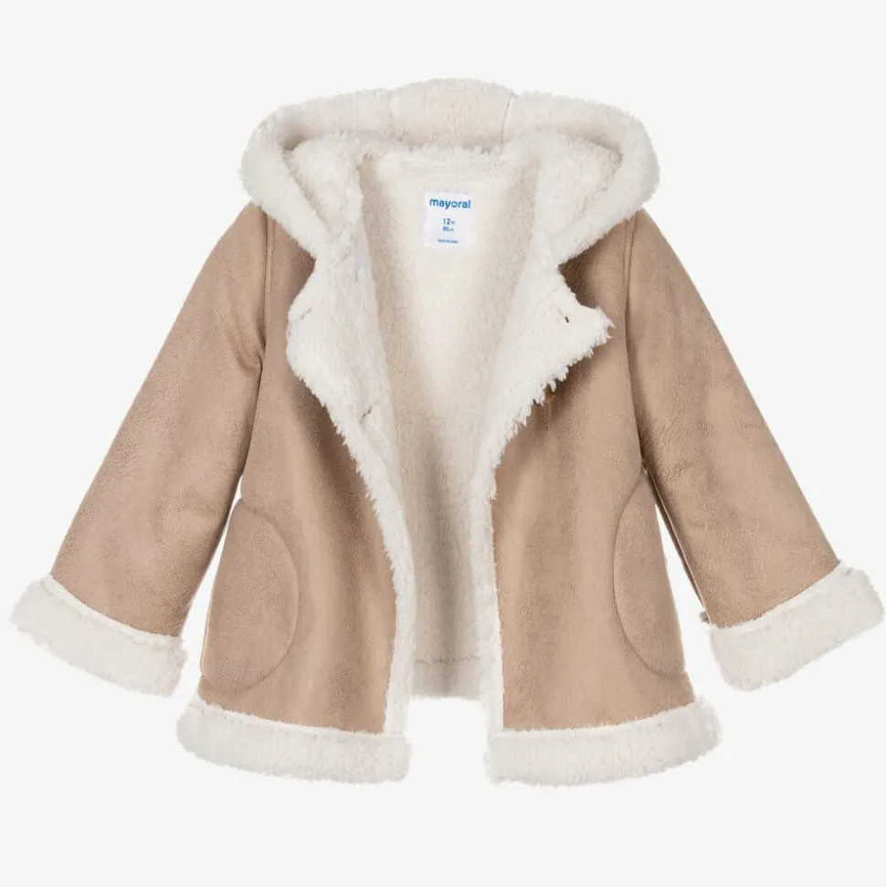 Girls Beige Faux Suede Coat