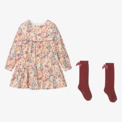 Girls Beige Floral Dress Set