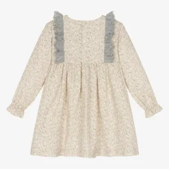 Girls Beige Floral Print Cotton Dress