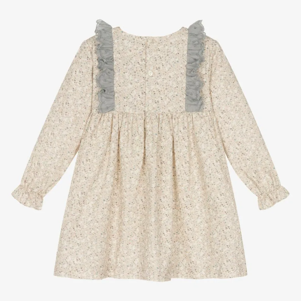 Girls Beige Floral Print Cotton Dress