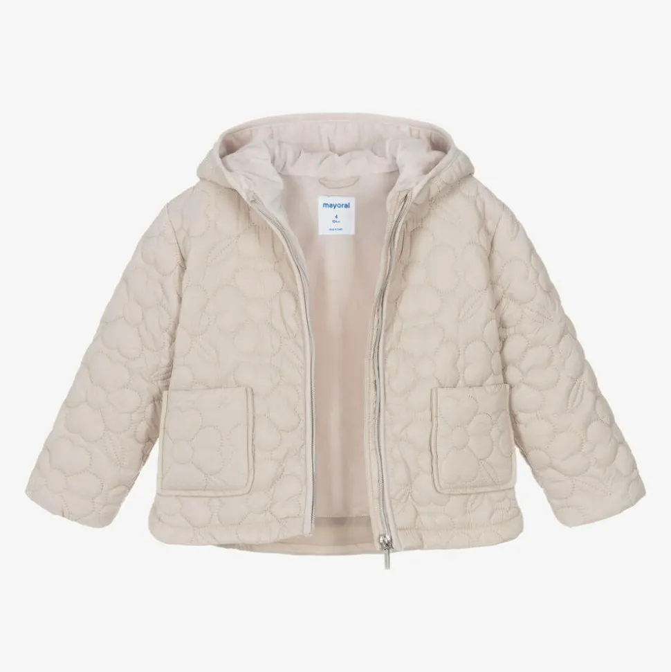 Girls Beige Floral Quilted Jacket