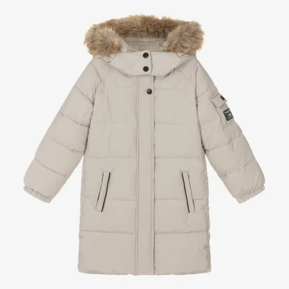 Girls Beige Hooded Parka Coat