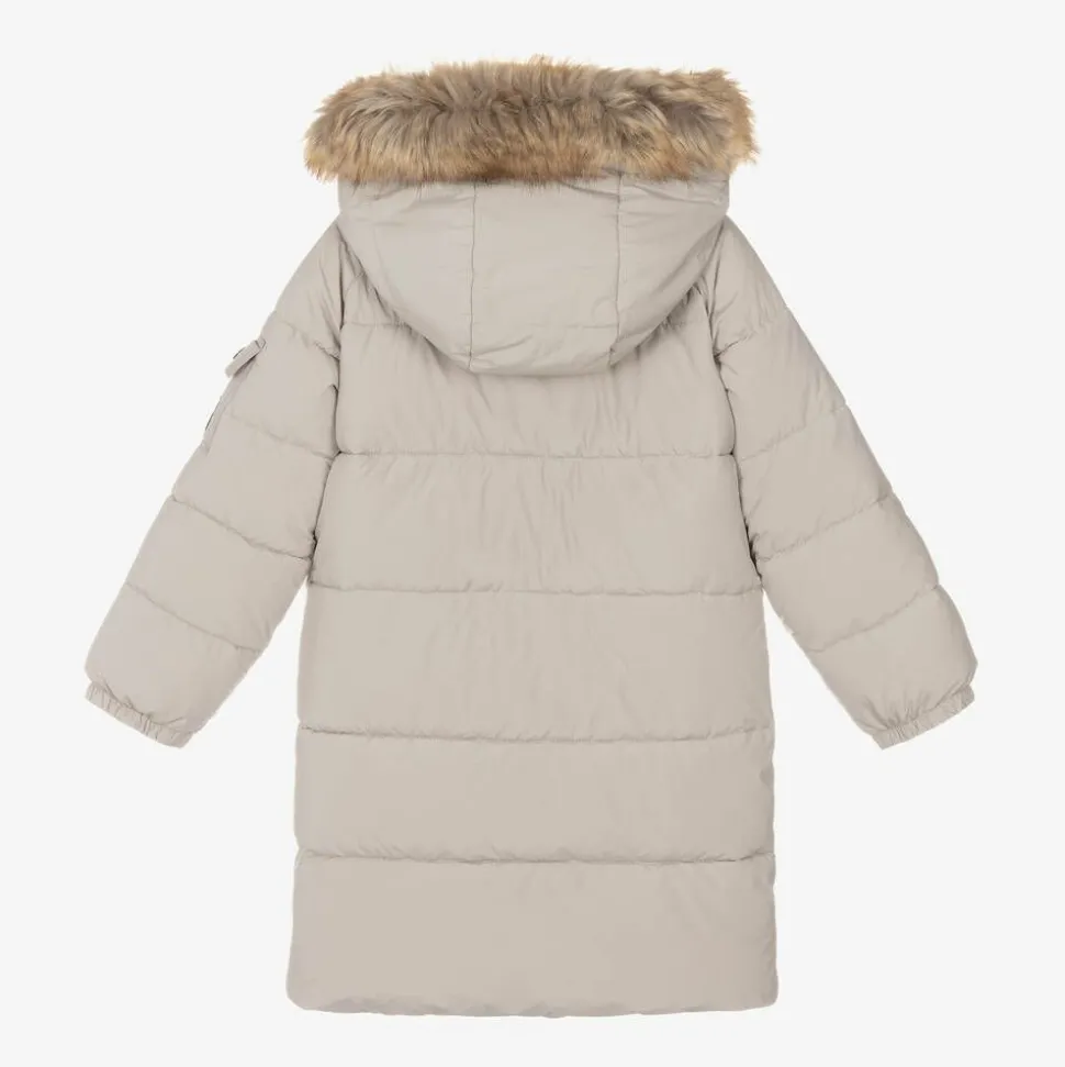 Girls Beige Hooded Parka Coat