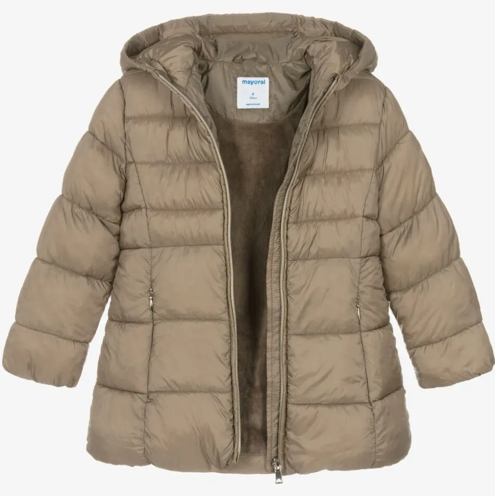 Girls Beige Hooded Puffer Coat