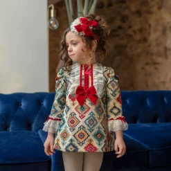 Girls Beige Jacquard Dress