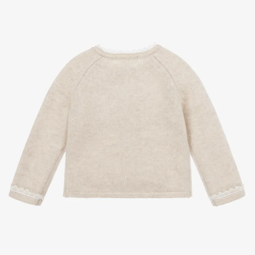 Girls Beige Knit & Lace Cardigan