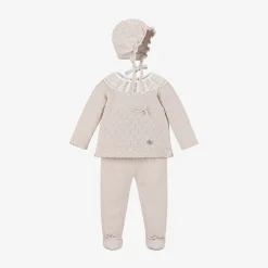 Girls Beige Knitted Babysuit & Hat Set