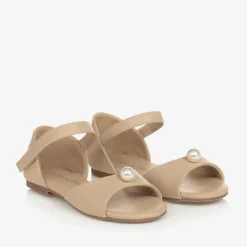 Girls Beige Leather & Faux Pearl Sandals