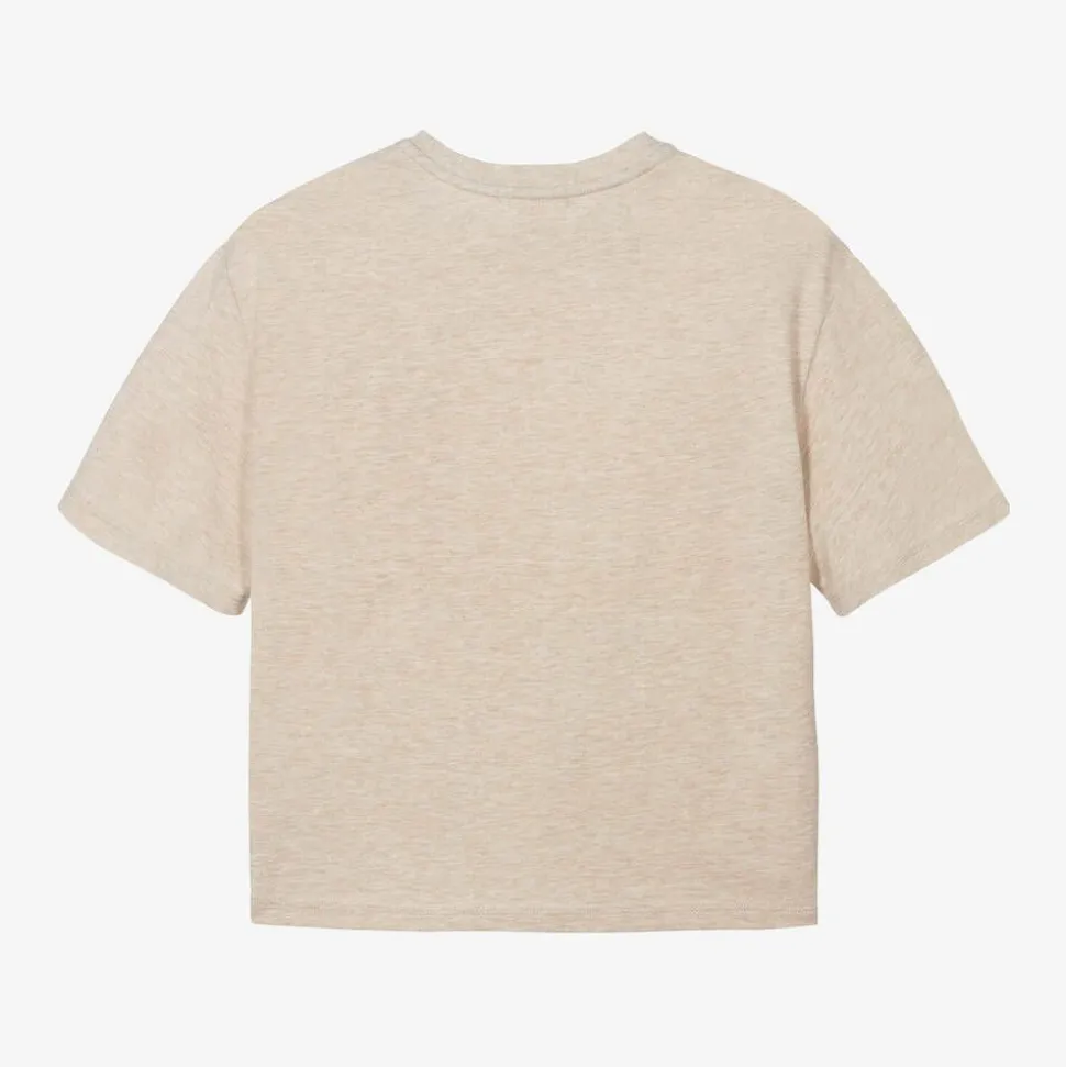 Girls Beige Organic Cotton Flower T-Shirt