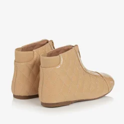 Girls Beige Patent Leather Quilted Boots
