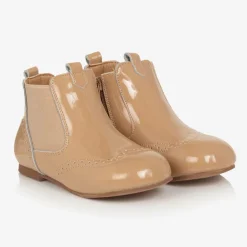 Girls Beige Patent Leather Chelsea Boots