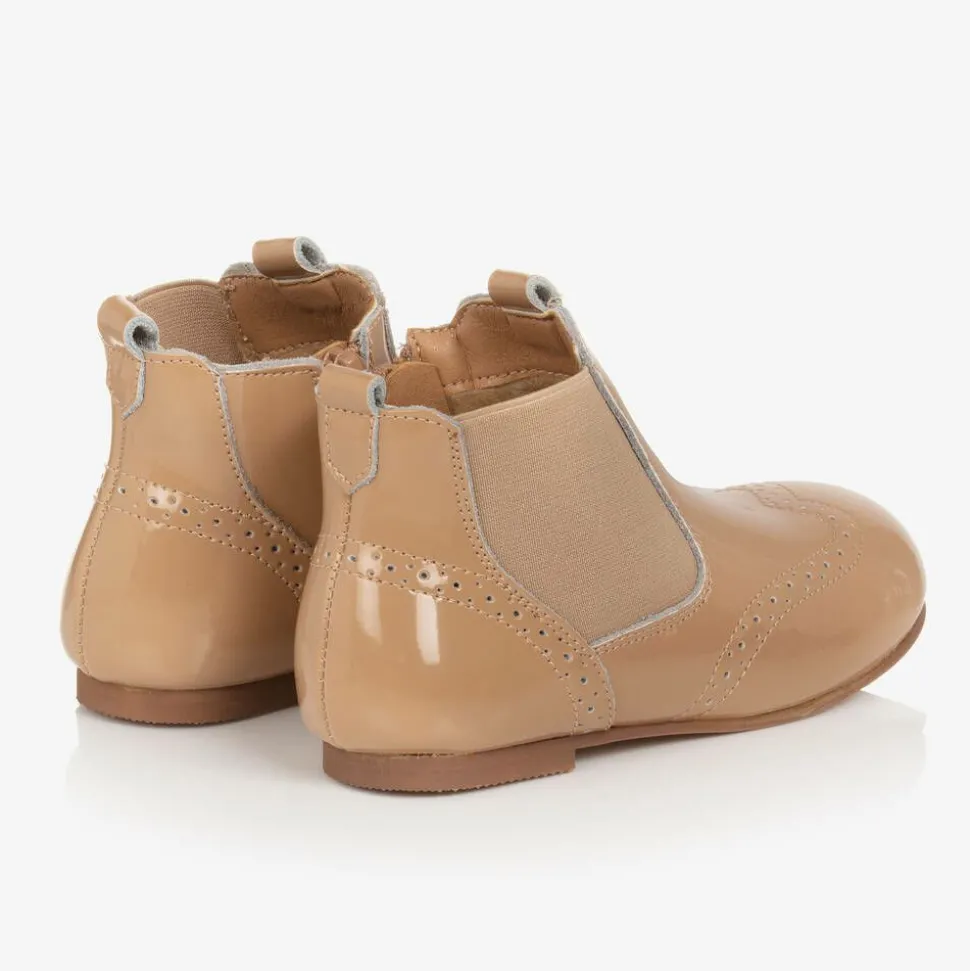 Girls Beige Patent Leather Chelsea Boots