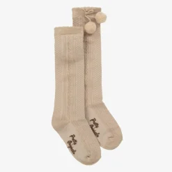 Girls Beige Pom-Pom Cotton Socks