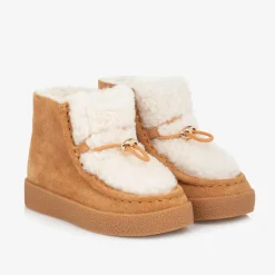Girls Beige Suede & Shearling Leather Boots