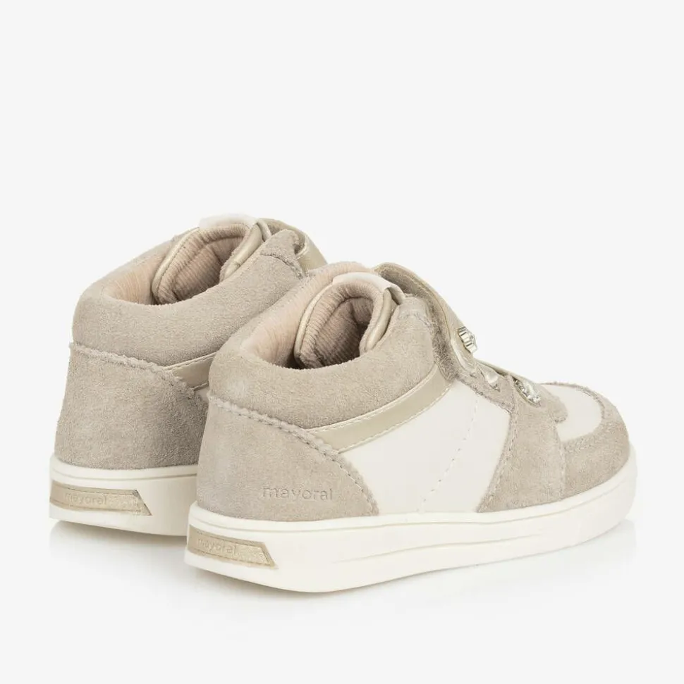 Girls Beige Suede Leather High-Top Trainers