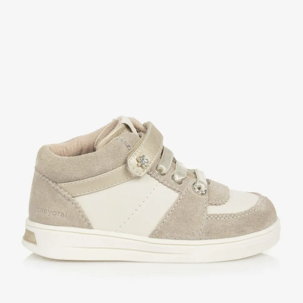 Girls Beige Suede Leather High-Top Trainers