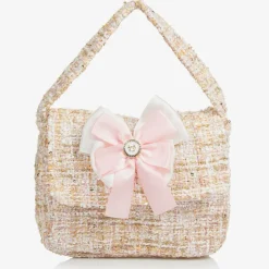 Girls Beige Tweed Bow Handbag (21cm)